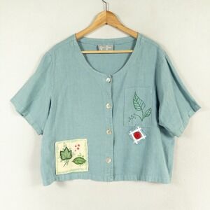Cover Charge Shirt Womens One Size Blue Linen Button Up Patches Artsy Cottage